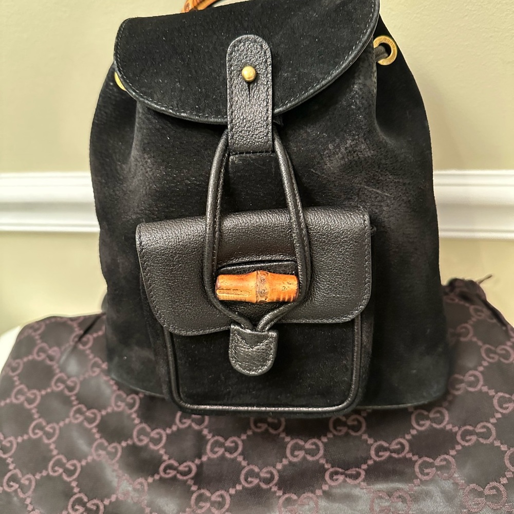 Gucci vintage authentic bamboo black suede small backpack with COA